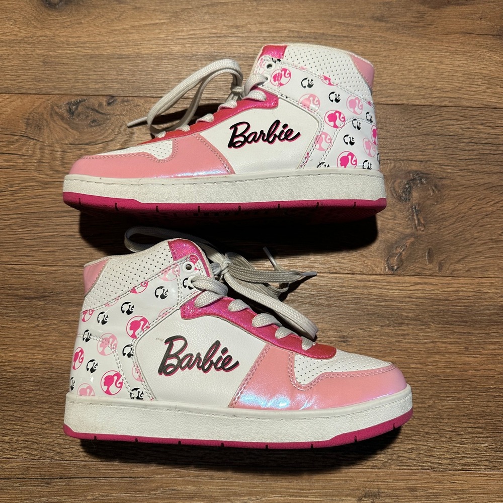 Barbie High Top Sneakers Girls Size 4 Pink White Iridescent Glitter Logo Shoes